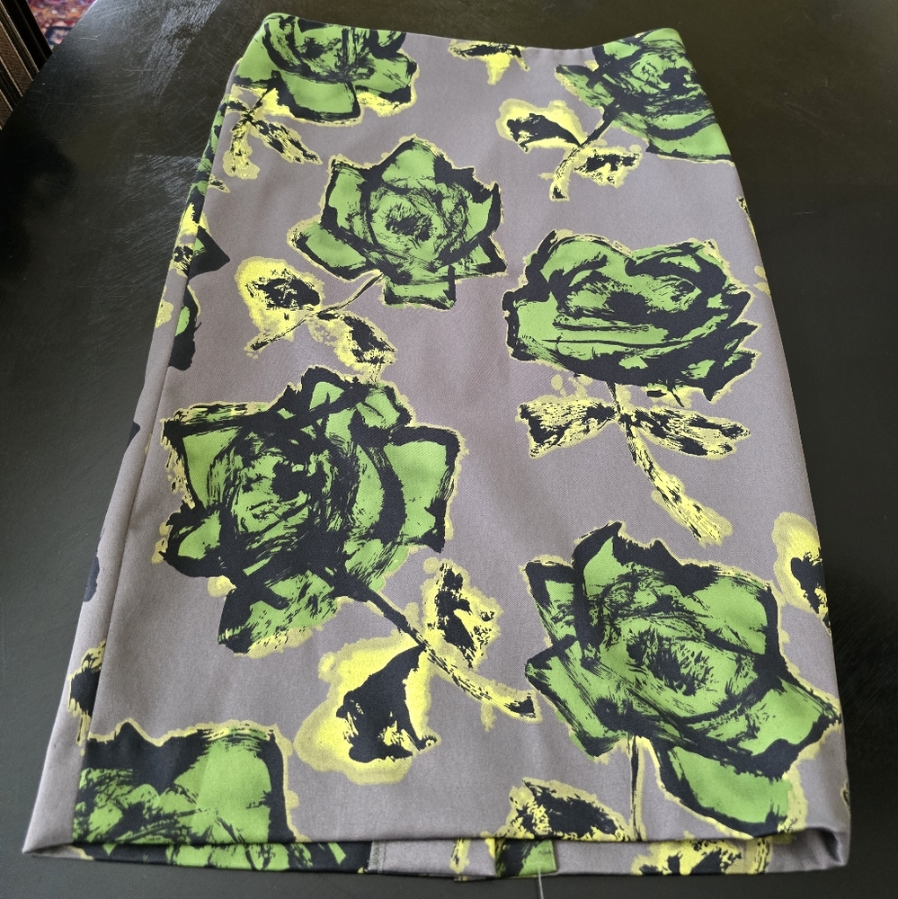 Mac & Jac Green & Yellow Water Color Motif Design Silk Pencil Skirt 0